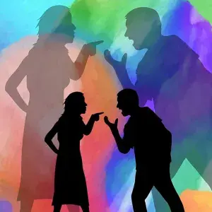 two people arguing with colorful background