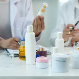 cosmetics jars and bottles with people in white coats